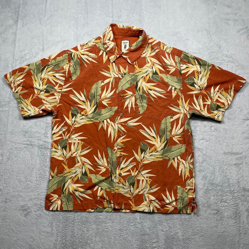 Jamaica Jaxx Button Down Mens Large Rust Orange Silk Tropical Bird of Paradise